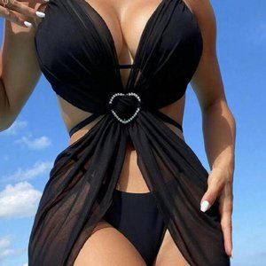 Sexy rhinestone decor padded mesh cover-up three-piece swimsuit Black NWOT